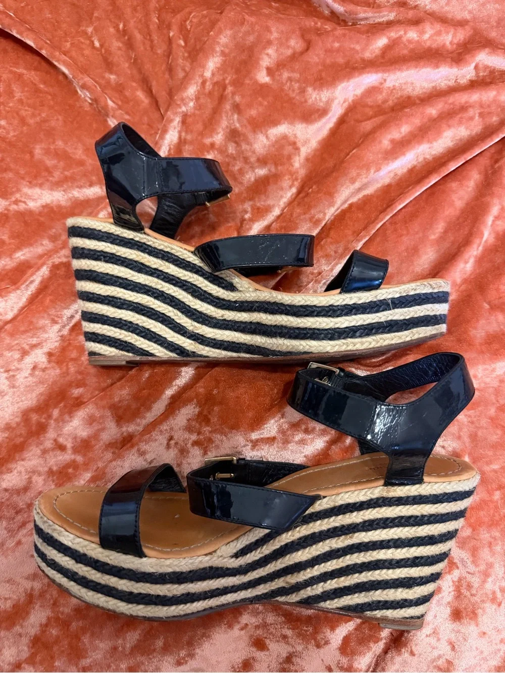 kate spade Lucie Black Patent Striped Espadrille Wedge Sandals - Size 11